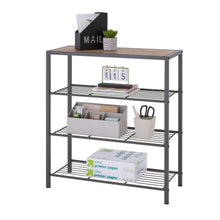 Dark gray 4-tier shoe rack with console top, shelves with bins and shoes