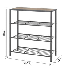 Dark gray 4-tier shoe rack with console top, front view showing dimensions