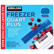 Freezer quart plus bag box, blue with Kirkland logo and berry bag graphic