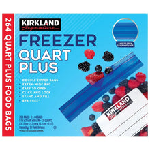 Kirkland Signature Freezer Quart Plus bags package with blue zipper and fruit photo