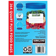 Kirkland freezer quart plus bags back panel with berry bag, barcode, and icons