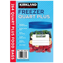 Freezer quart plus bag box front, blue with Kirkland brand and clear window bag