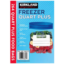 Kirkland freezer quart plus bags package front with blue zipper and Kirkland label