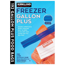 Kirkland freezer gallon plus bags box, blue package with double-zip seal