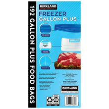 Kirkland freezer gallon plus bags box back, blue package with usage icons