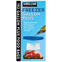 Kirkland freezer gallon plus bags box front, blue with bag photo and double zipper