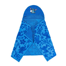 Character hooded towel, blue with printed animal patterns and small character on hood