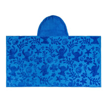Character hooded towel front panel and hood, blue with sea-life and starfish print