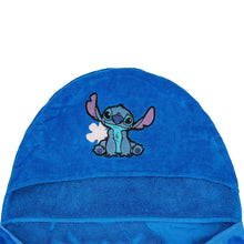 Blue hooded towel with Stitch character graphic on hood front