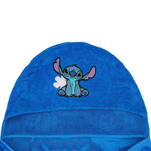 Character hooded towel hood with character graphic on blue terry fabric