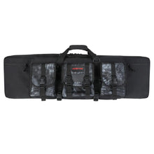 Black double rifle bag with padded compartments and webbing straps, top handle