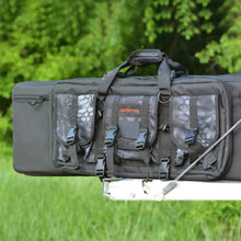Gray double rifle bag on display with camo padded panels, buckles, and front pocket