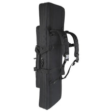 Tall black rifle bag with carry handle, front webbing straps, and padded sides
