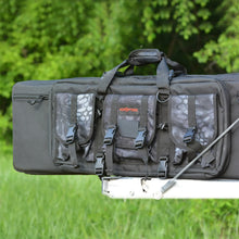 Double rifle bag with Kryptek camo panels, carry handle, and shoulder strap, dark gray