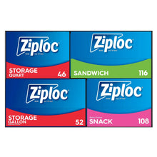 Ziploc variety pack bag labels: storage gallon, storage quart, sandwich, snack