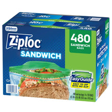 Ziploc sandwich bag box showing 480 count and EasyGuide one-hand zip