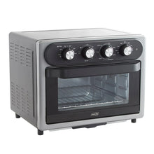Gray air fryer oven with open glass door, metal rack, and four front control knobs