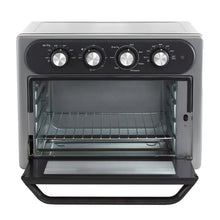 Gray air fryer oven front view with open door, interior rack, and control dials visible