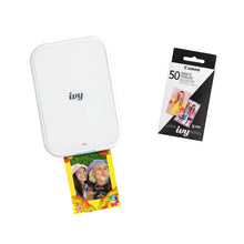 White Canon IVY 2 mini photo printer with printed photo strip and paper pack