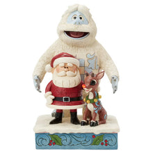 Front view of Jim Shore holiday statue with Santa, Rudolph, and Bumble