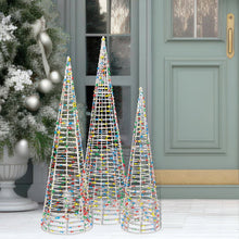 Set of three cone-shaped Christmas trees with multicolor LED lights