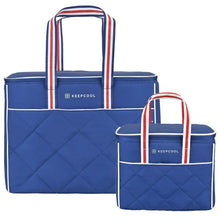 Quilted cooler bags set in blue with red-white-blue striped handles and top carrying straps