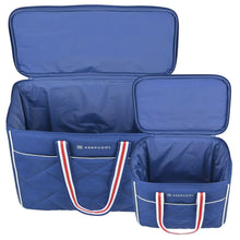 Open blue quilted cooler bag set with insulated compartments and striped tote handles