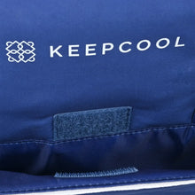 KeepCool logo on blue cooler bag interior with small felt-like label patch