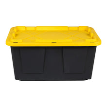 Plastic storage bin with yellow lid and black front panels