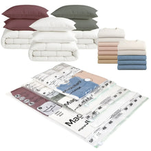 Vacuum storage bags set with white, maroon, and dark green pillow packs
