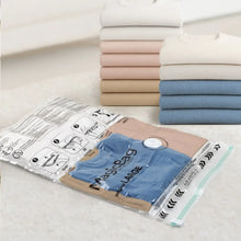 Vacuum storage bag Jumbo pack with blue and beige labeled bags and folded linens