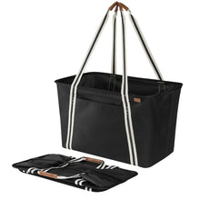Black collapsible tote bag with striped double handles and front side pocket