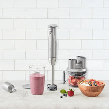 Immersion blender set with blending wand, cups, chopper parts, and bowl
