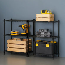Black modular wire shelving racks with three open shelves, holding tools and bins