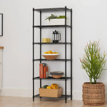 Black multi-tier wire shelving rack with open wire shelves and four vertical corner posts