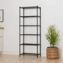 Black multi-tier wire shelving rack with open shelves and four corner posts