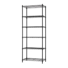 Black multi-tier wire shelving rack with open shelves and cross-brace wire panels
