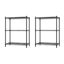 Black 3-tier wire shelving racks set, open frame with four corner legs and wire shelves
