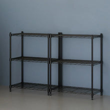 Black modular wire shelving racks set with open wire shelves and tall rectangular frame