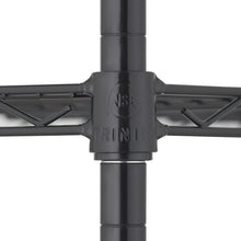Black wire shelving rack connector joint with cross-bracing and embossed logo