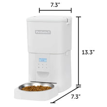 White automatic pet feeder size diagram: 7.3 in wide, 13.3 in tall
