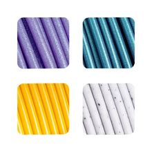 Colorful PLA filament strands swatches: purple, teal, yellow, and white, 1.75mm