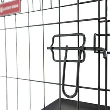 Black dog crate door latch with U-shaped handle and wire bars