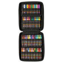 Open black carrying case with multicolor POSCA paint markers neatly seated