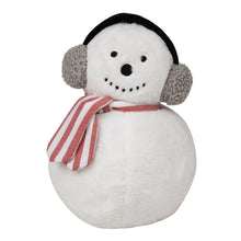 Snowman holiday decorative pillow with black hat, gray earmuffs, red striped scarf