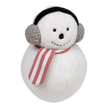 Snowman holiday decorative pillow front view, black cap, gray ear covers, red striped scarf