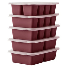MIU dark red silicone freezer trays stacked with pale lids