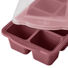 MIU dark red silicone freezer tray with lid lifted, showing divided compartments