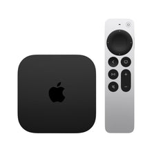 Apple TV 4K streaming box with black finish and silver remote