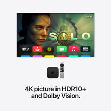 Apple TV 4K box and remote beneath a TV screen; supports HDR10+ and Dolby Vision